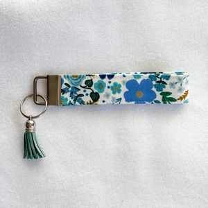 New Rifle Paper Co fabric keychain/ key wristlet/ key fob. Silver hardware